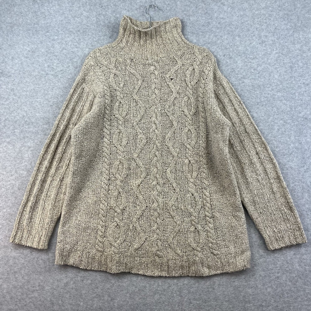 Eddie Bauer Sweater Womens Small Beige Brown Wool Silk Turtleneck Cable Knit